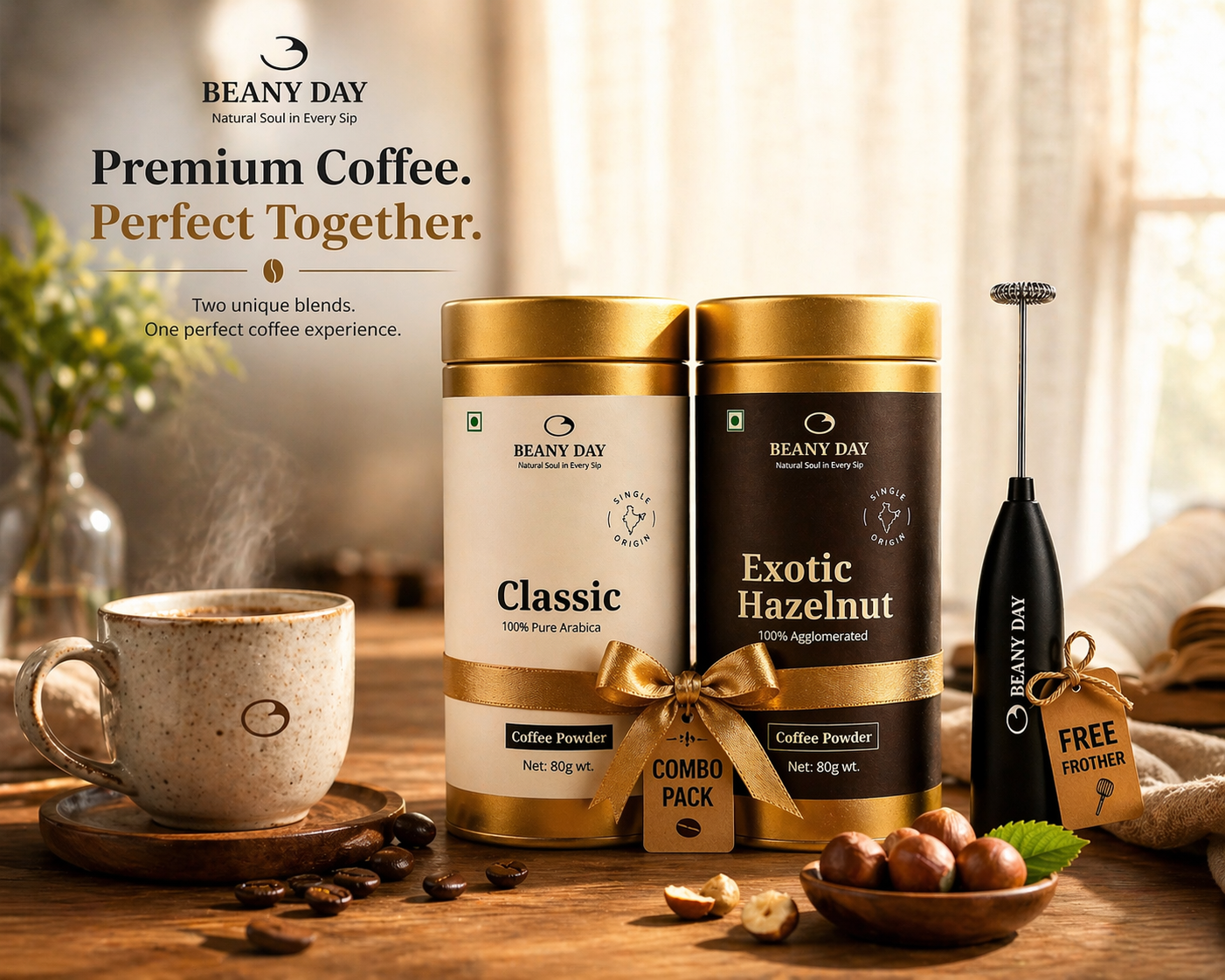 Premium Coffee Duo with Free Frother – Pack of 2 (80g x 2) Classic & Exotic Hazelnut Instant Coffee