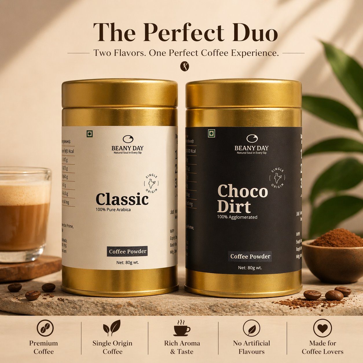 Premium Coffee Duo with Free Frother – Pack of 2 (80g x 2) Classic & Choco Dirt Instant Coffee