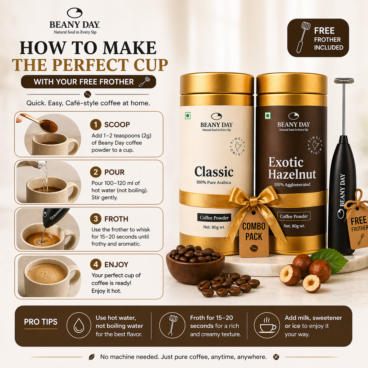 Premium Coffee Duo with Free Frother – Pack of 2 (80g x 2) Classic & Exotic Hazelnut Instant Coffee