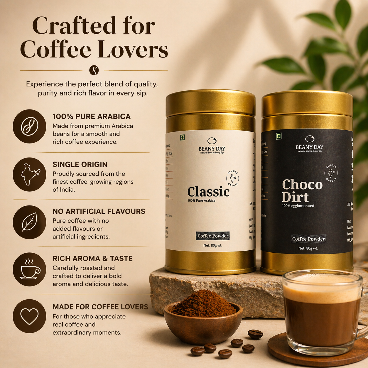 Premium Coffee Duo with Free Frother – Pack of 2 (80g x 2) Classic & Choco Dirt Instant Coffee