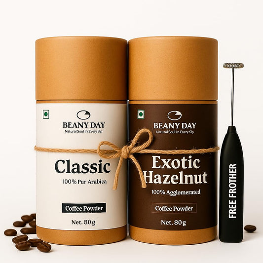Premium Coffee Duo with Free Frother – Pack of 2 (80g x 2) Classic & Exotic Hazelnut Instant Coffee