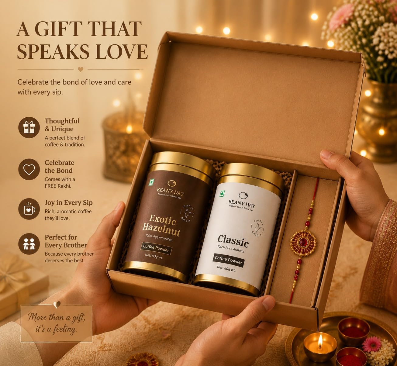 Raksha Bandhan Gifts for Sister & Brother | Premium Coffee Gift Hamper with Free Rakhi | Classic & Exotic Hazelnut Instant Coffee (80g Each) | Ready-to-Gift Raksha Bandhan Gift Set