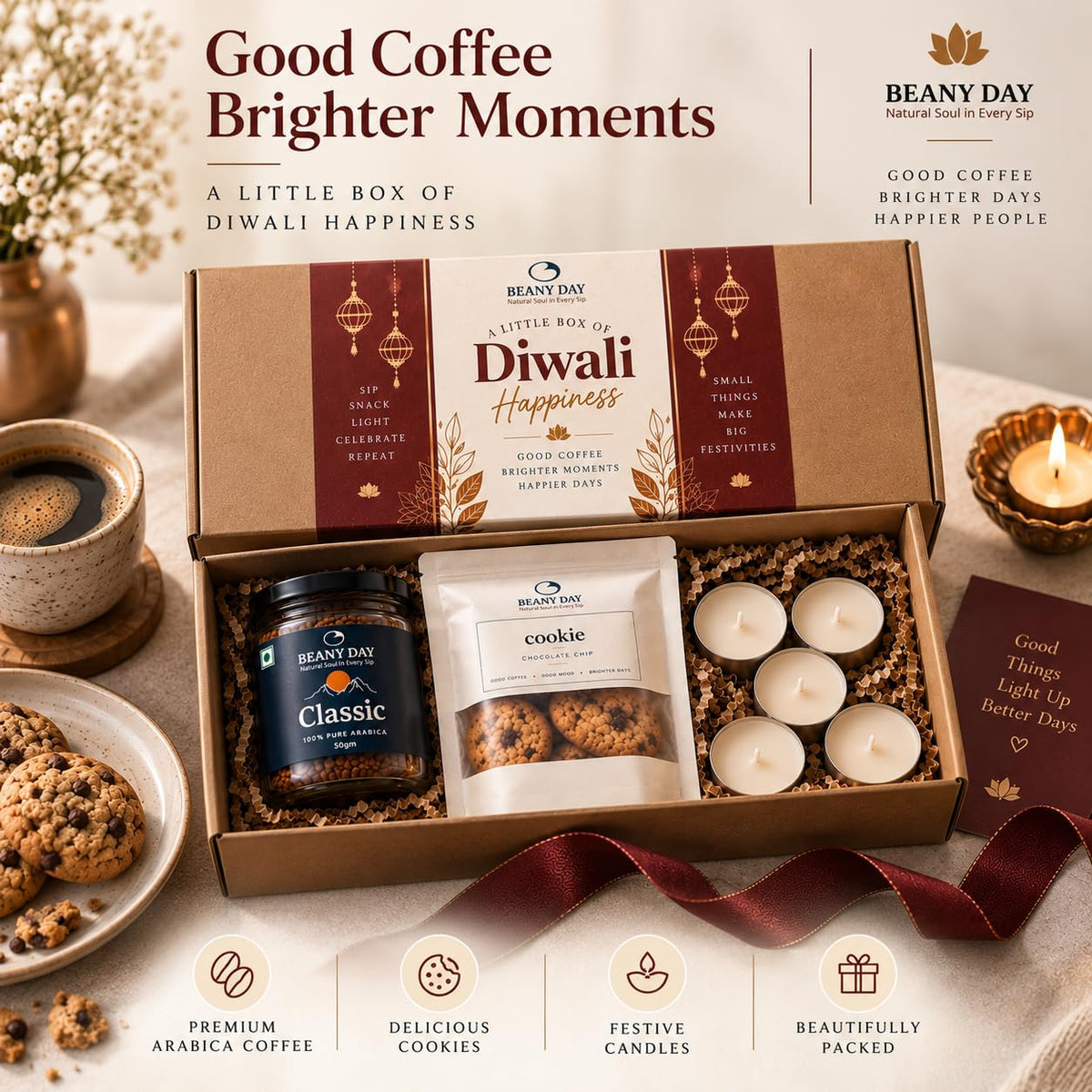 Diwali Gifts for Family & Friends, Premium Coffee Gift Hamper with Classic 100% Arabica Coffee (50g), Chocolate Chip Cookies (50g) & 5 Diwali Candles | Ready-to-Gift Diwali Gift Set