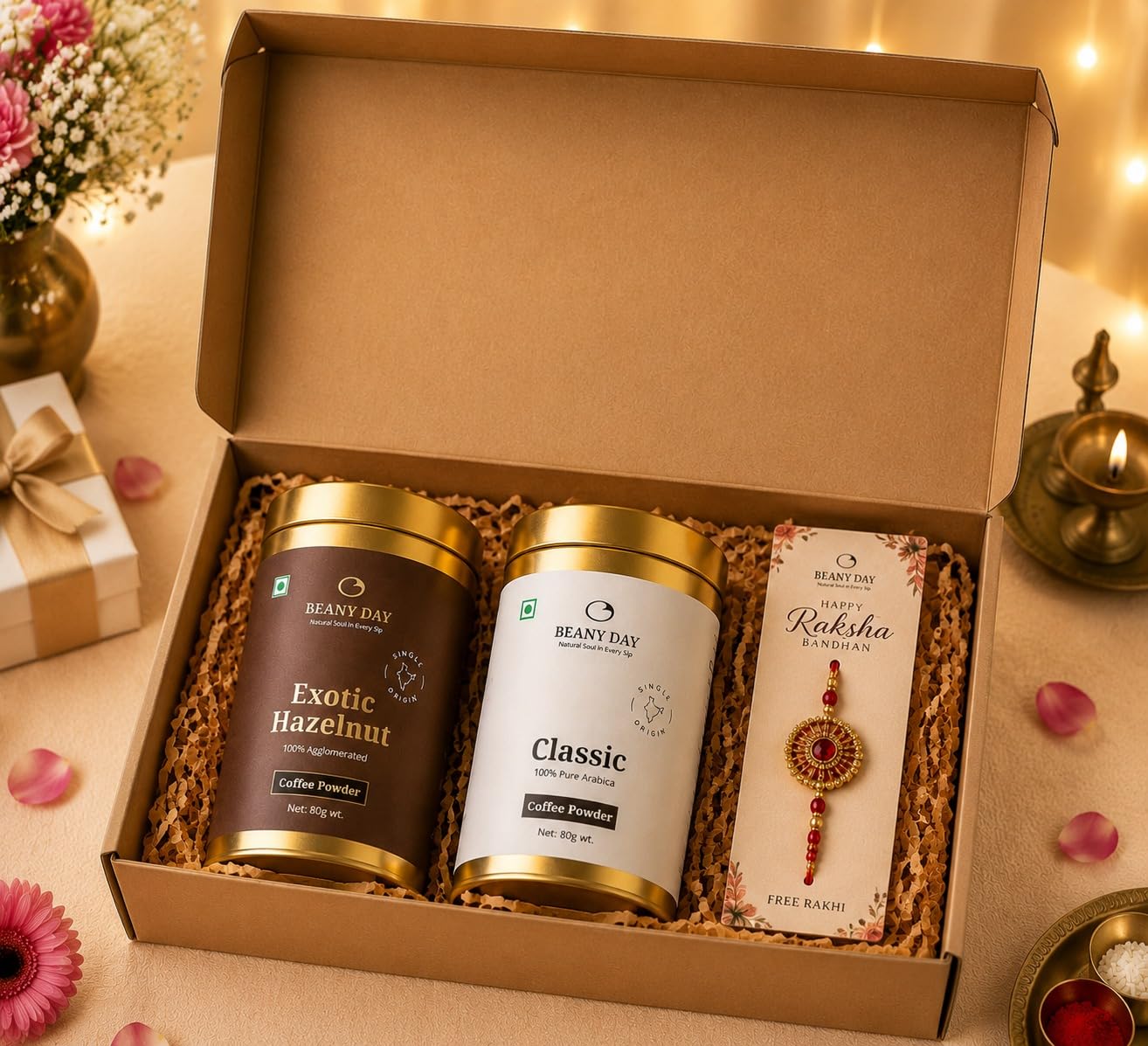 Raksha Bandhan Gifts for Sister & Brother | Premium Coffee Gift Hamper with Free Rakhi | Classic & Exotic Hazelnut Instant Coffee (80g Each) | Ready-to-Gift Raksha Bandhan Gift Set