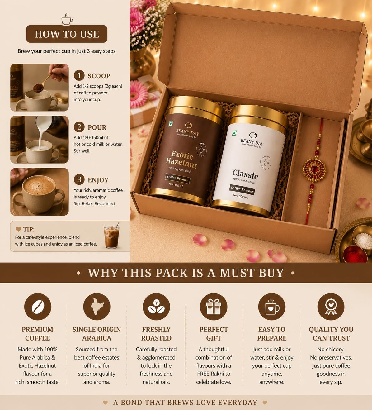 Raksha Bandhan Gifts for Sister & Brother | Premium Coffee Gift Hamper with Free Rakhi | Classic & Exotic Hazelnut Instant Coffee (80g Each) | Ready-to-Gift Raksha Bandhan Gift Set