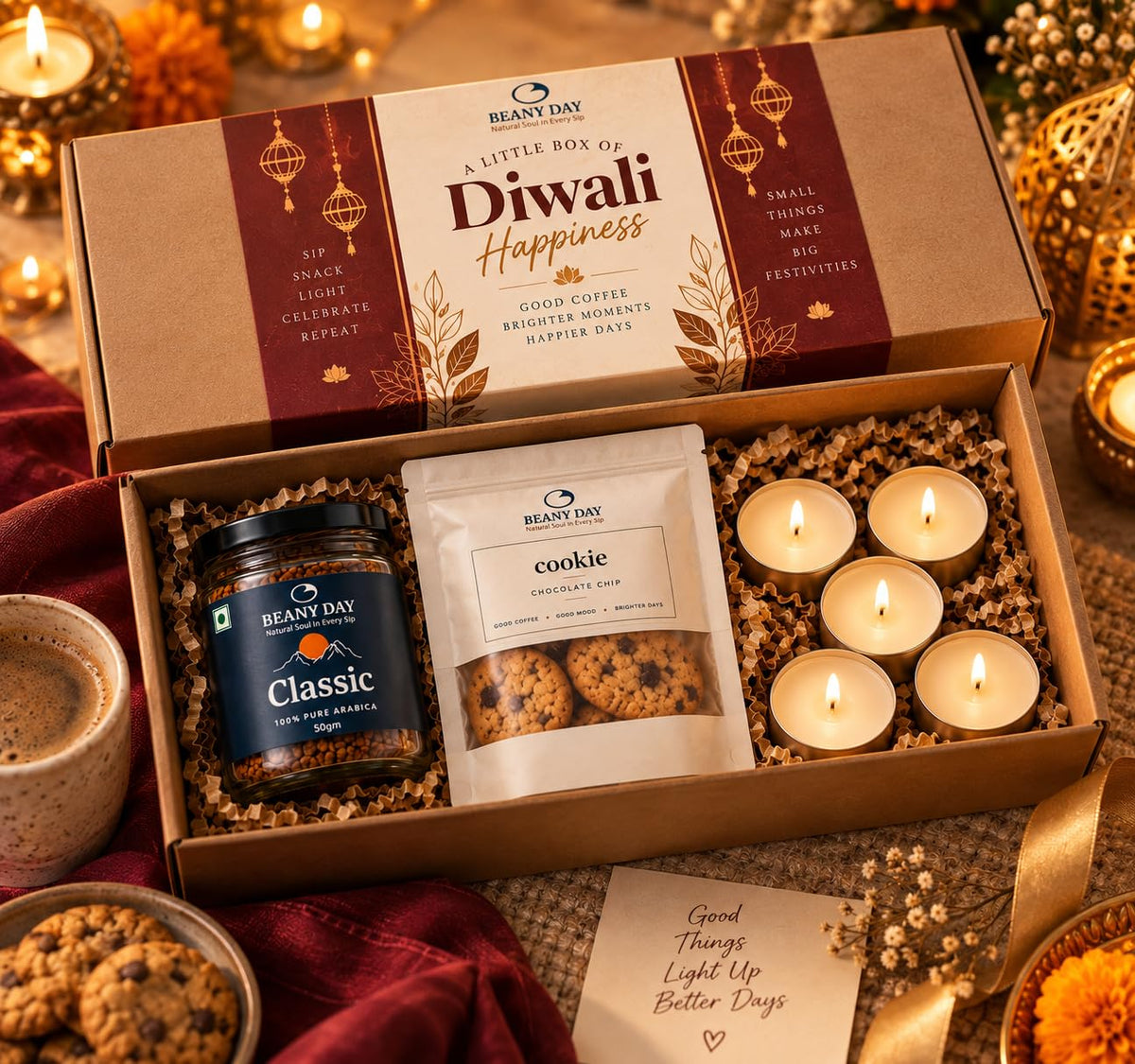 Diwali Gifts for Family & Friends, Premium Coffee Gift Hamper with Classic 100% Arabica Coffee (50g), Chocolate Chip Cookies (50g) & 5 Diwali Candles | Ready-to-Gift Diwali Gift Set