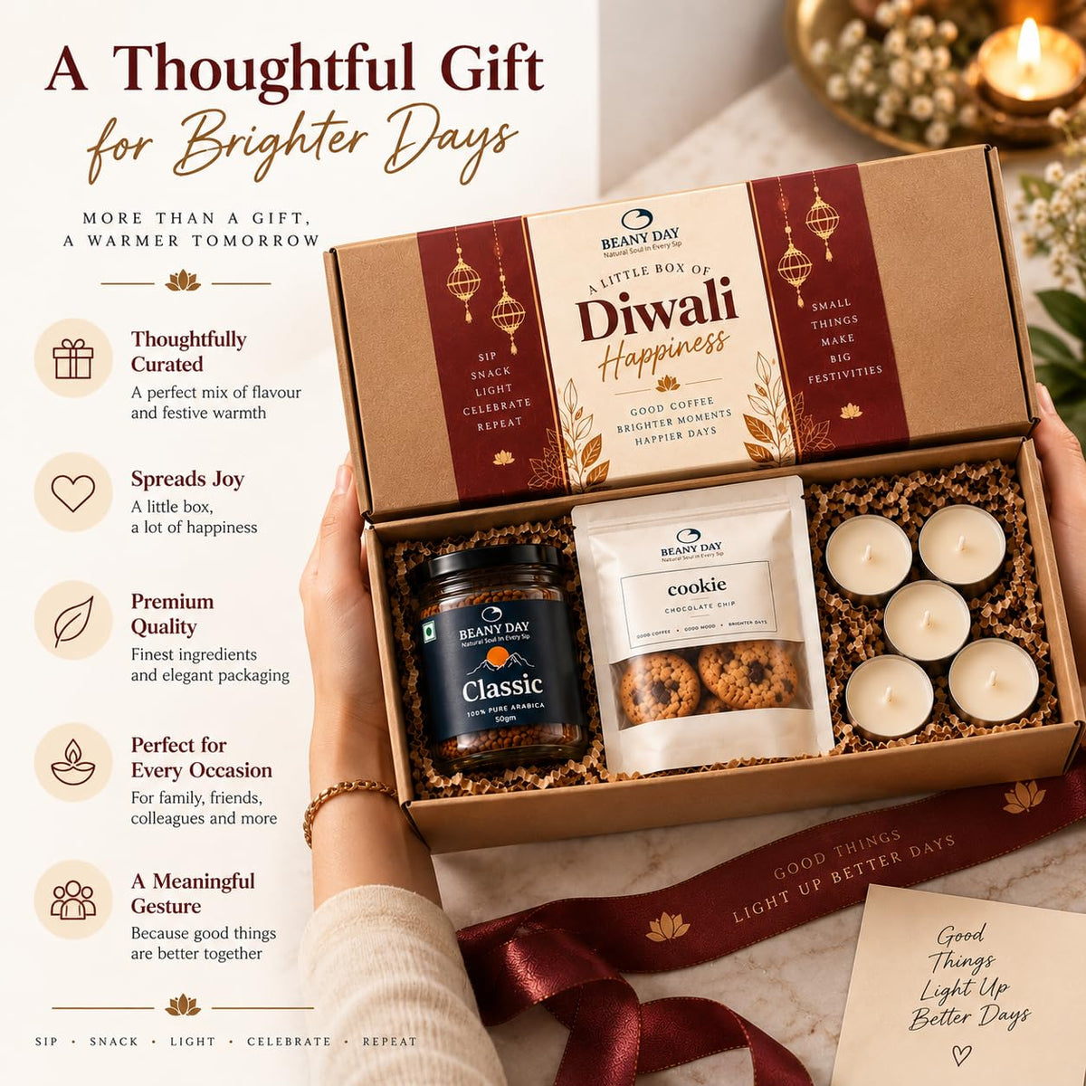 Diwali Gifts for Family & Friends, Premium Coffee Gift Hamper with Classic 100% Arabica Coffee (50g), Chocolate Chip Cookies (50g) & 5 Diwali Candles | Ready-to-Gift Diwali Gift Set