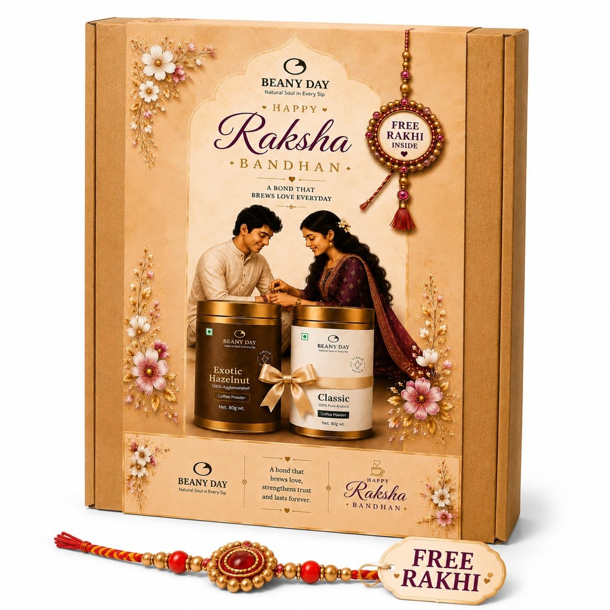 Raksha Bandhan Gifts for Sister & Brother | Premium Coffee Gift Hamper with Free Rakhi | Classic & Exotic Hazelnut Instant Coffee (80g Each) | Ready-to-Gift Raksha Bandhan Gift Set