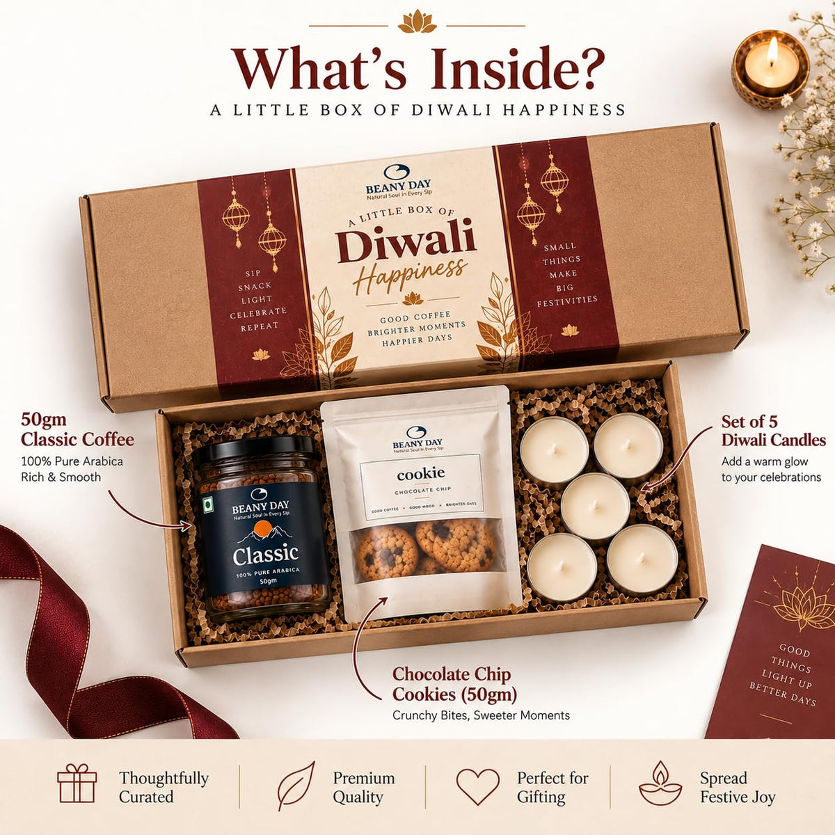 Diwali Gifts for Family & Friends, Premium Coffee Gift Hamper with Classic 100% Arabica Coffee (50g), Chocolate Chip Cookies (50g) & 5 Diwali Candles | Ready-to-Gift Diwali Gift Set