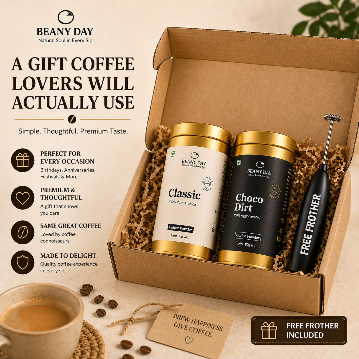 Premium Coffee Duo with Free Frother – Pack of 2 (80g x 2) Classic & Choco Dirt Instant Coffee