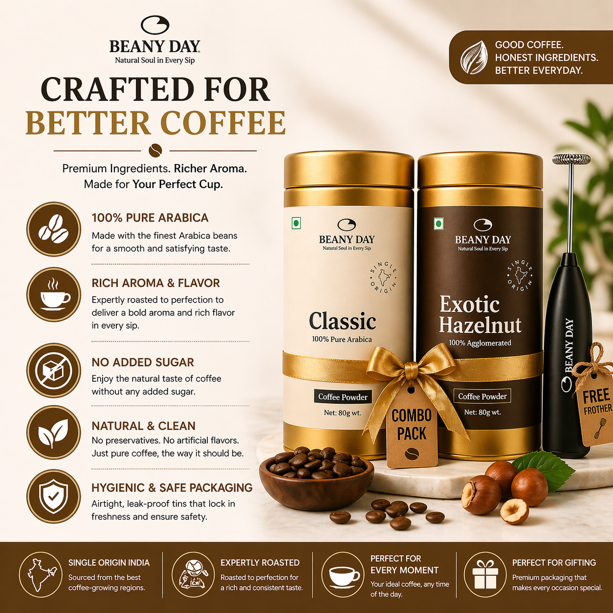Premium Coffee Duo with Free Frother – Pack of 2 (80g x 2) Classic & Exotic Hazelnut Instant Coffee