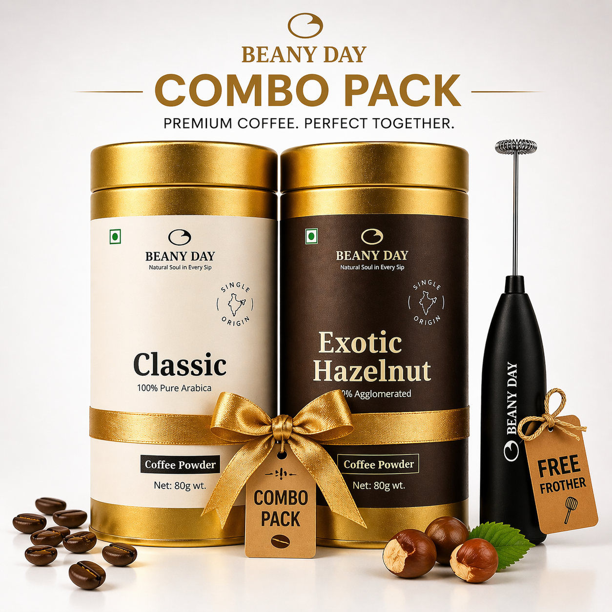 Premium Coffee Duo with Free Frother – Pack of 2 (80g x 2) Classic & Exotic Hazelnut Instant Coffee